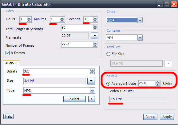MeGUI Bit Rate Calculator
